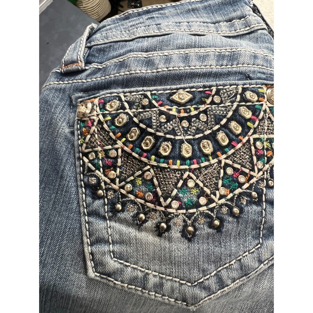 Miss Me Jeans Womens 25 Mid Rise BootCut Flap Pocket Embellished Stretch Western - Picture 9 of 14